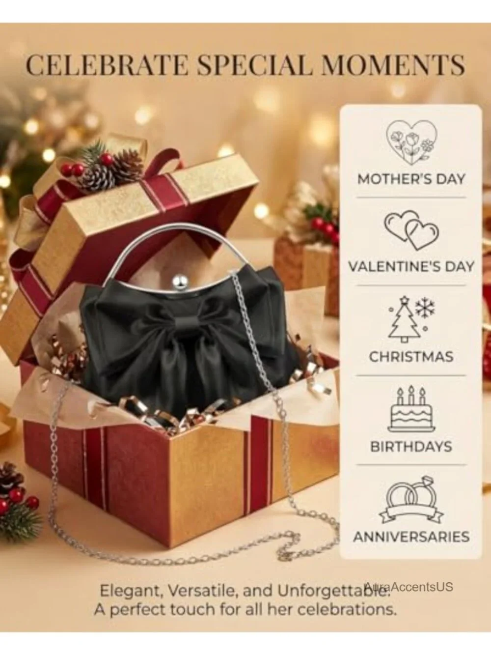 Satin Pleated Bow Evening Clutch with Chain Strap